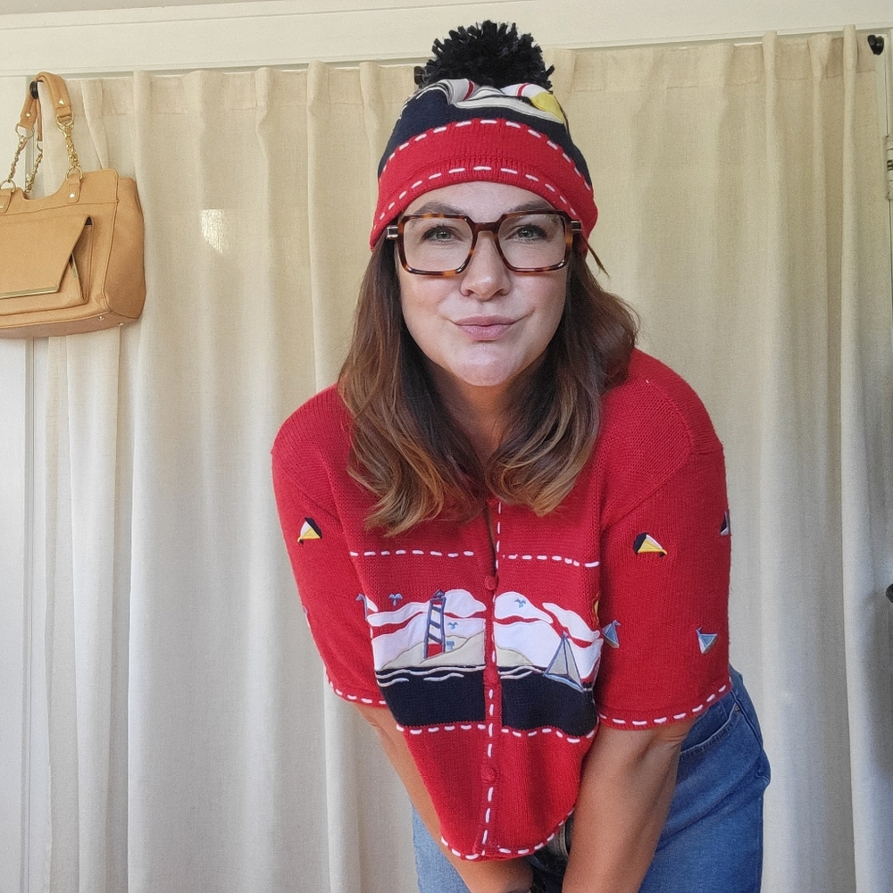 Redesigned Vintage Short Sleeve Sailboat Sweater Large With One Size Hat - Picture 11 of 13
